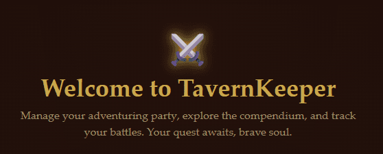 TavernKeeper — D&D companion app welcome screen